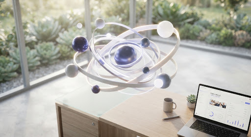 A calm, organized workspace representing The Circle's zen-inspired platform